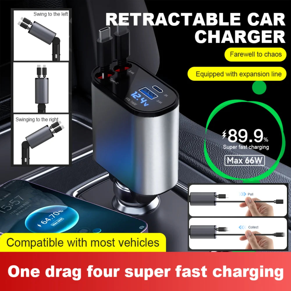 4 in 1 120W Car Charger Retractable Car Cigarette Lighter Adapter Retractable Cable and 2 USB Ports Car Charger Adapter Compatible