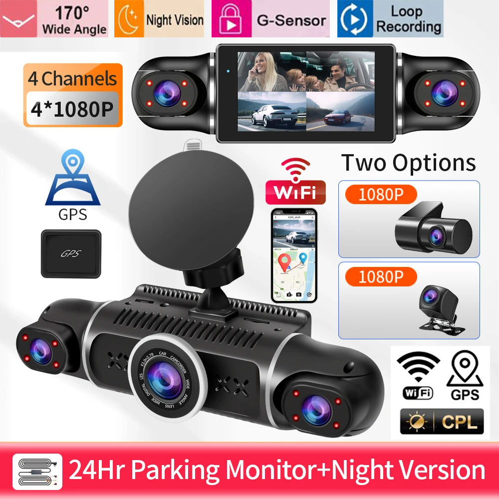 4 Lens Channel WiFi GPS Car DVR Camera Night Vision 170 Degree Dash Cam Car Camera WiFi GPS 24h Parking Monitor Loop Recording
