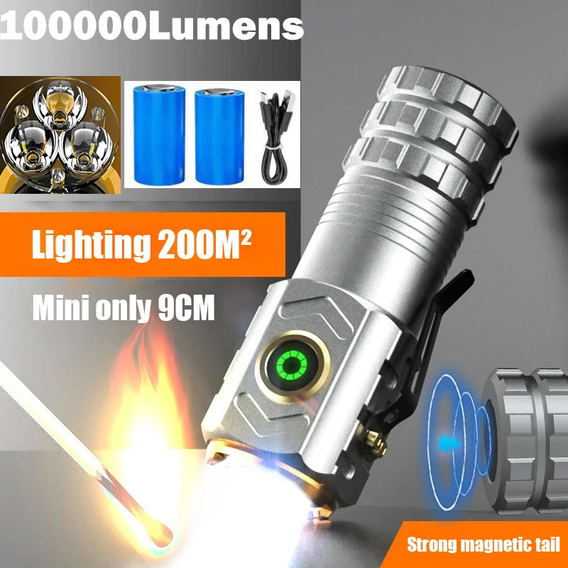 Titanium 100000Lumens 3 Nuclear Anti-explosion LED Torch with 2Pcs 18500 Battery Rechargeable Tail Magnet Powerful Flashlight High Battery Lighting Time 24 Hours