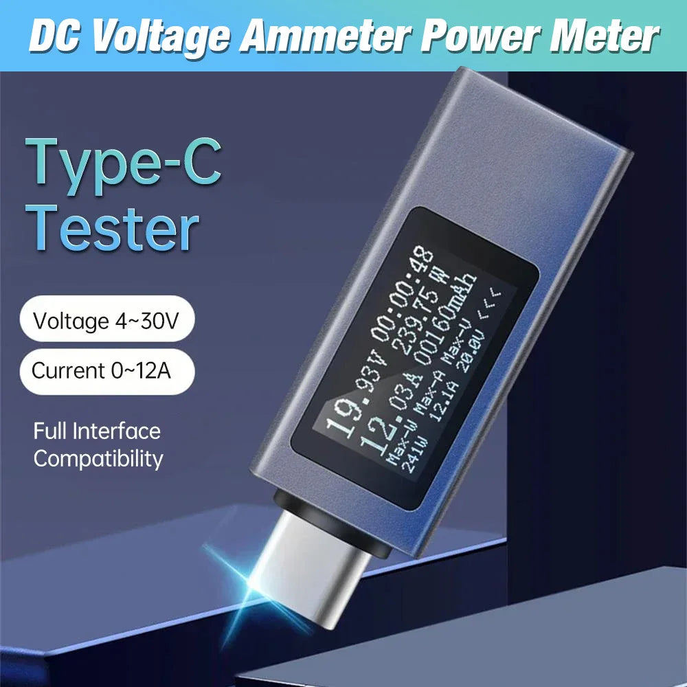 Multi-function Digital Display DC Voltage Ammeter Power Meter Type-c Cell Phone Charging Tester DC 4-30V 0-12A
