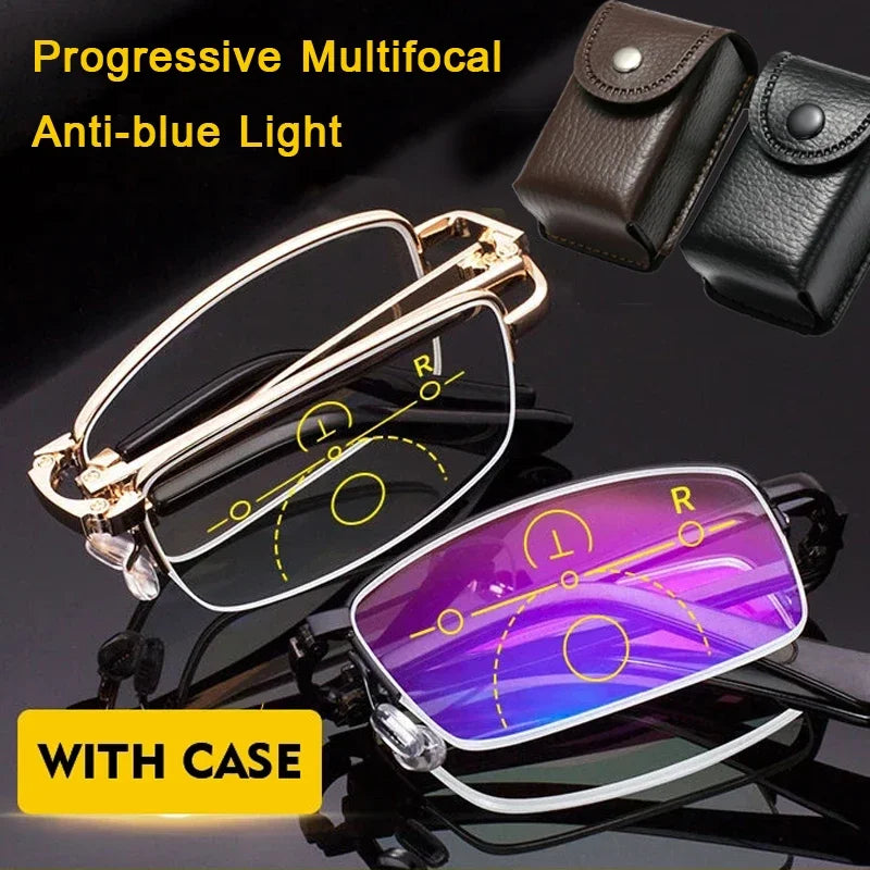 Anti-Blue Ray Progressive Far And Near Dual-Use Folding Reading Glasses With Leather Box