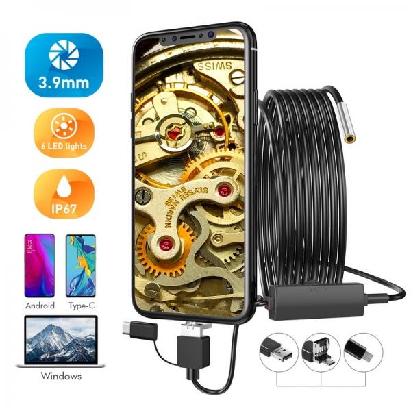 6-LED 3.9mm Lens 3-in-1 USB/Micro USB/Type-C HD IP67 Waterproof Android Endoscope for Android Smartphone Tablet PC Laptop