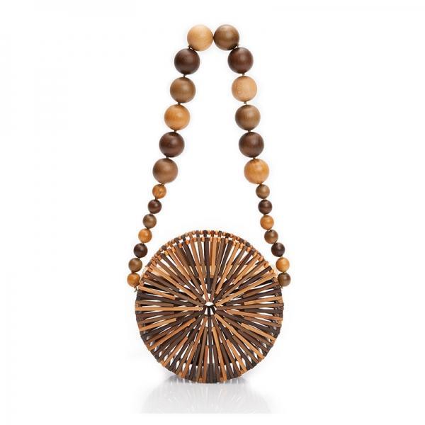 Handwoven Creative Round Hollow Out Bamboo Wood Beach Bag Beaded Shoulder Bag - stringsmall