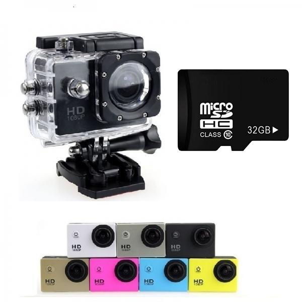 HD Mini Water-proof Sport Camera 2.0inch 1080P Loop Recording 170° Wide Angle LCD Screen Anti-shake Motion Detection Car Video Recorder Car DVR Camera with 32GB Micro Memory Card