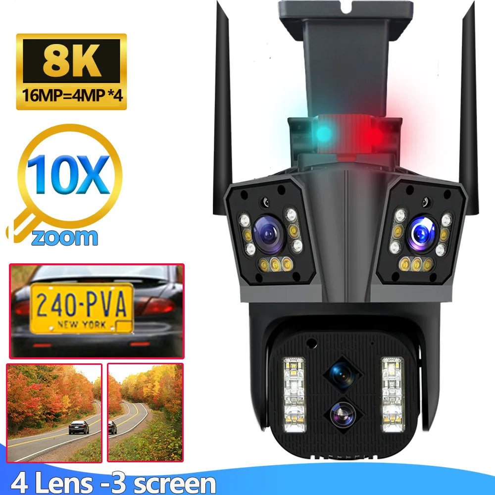 16MP 4 Lens 8K 10X Zoom Auto Tracking Three Screen IP Camera Outdoor WiFi PTZ Multi Lens Three Screen Security CCTV Surveillance Camera