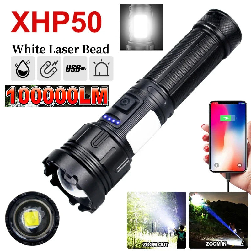 Super Zoom XHP50 White Laser Flameproof 100000 Lumens LED Alloy Torch with Rechargeable Battery with Mobile Power Function With Side Light