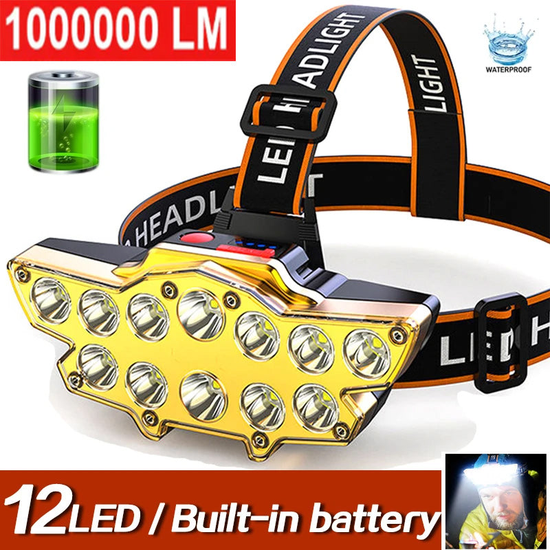 12LED 100000LM Headlamp USB Rechargeable P90 LED Long Shoot 4 Modes Bike Head Torch Flashlight Waterproof Camping Fishing