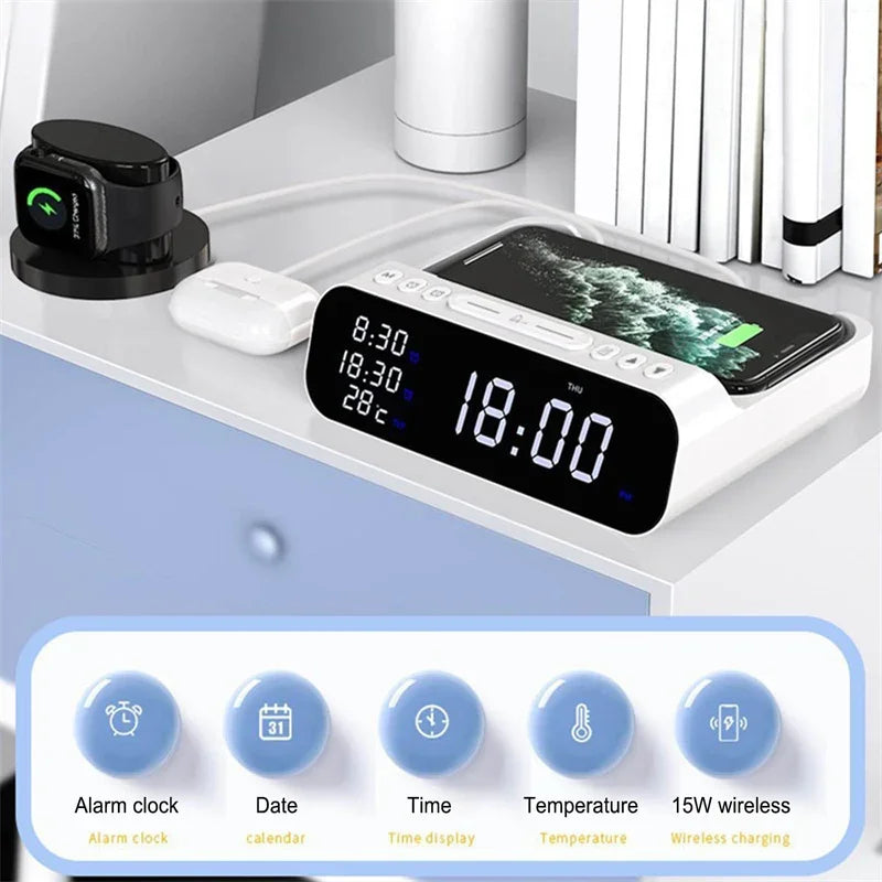 15W 3-in-1 Wireless Charger Temperature Tester Multi Alarm Clock Fast Charging Mobile Phone Usb Charger Charging Station