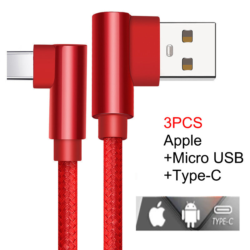 3PCS Apple+Micro USB+Type-C Double Elbow Phone Fast Charge Charging Cable