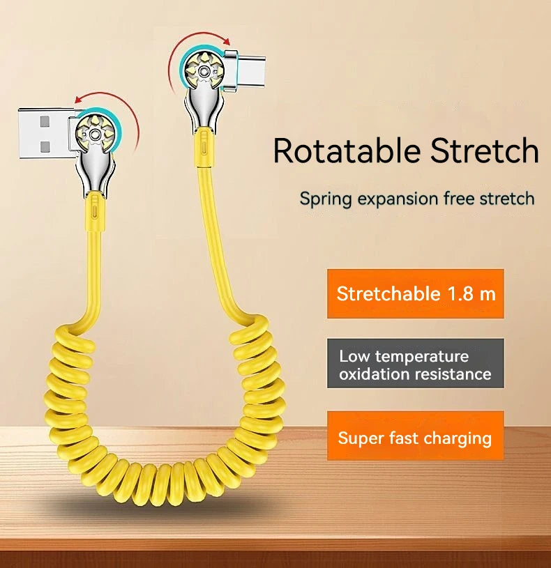 Dual-Head Rotating Spring Cable 66W Fast Charging Cable Stretchable 1.8 meters