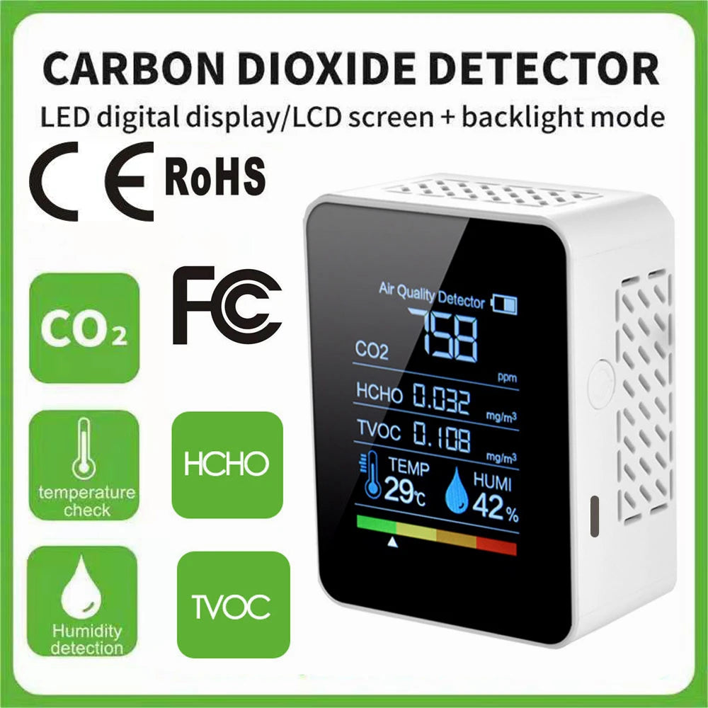 5 in1 CO2 Meter Digital Temperature Humidity Tester Carbon Dioxide TVOC HCHO Detector Air Quality Monitor co2 sensor Monitor USB Rechargeable