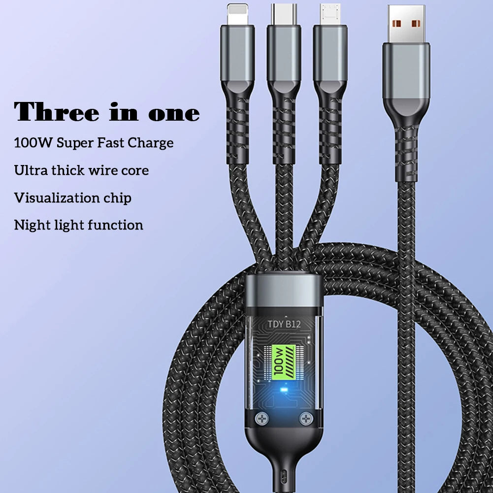 Transparent Luminous 3-in-1 100W Super Fast Charging Cable