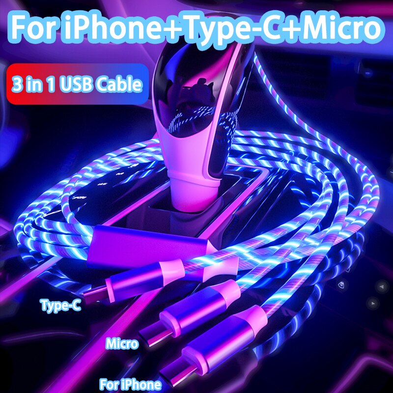 1.2M 3-in-1 Magic LED Glow Flowing Fast Charging Cable With Micro USB Apple Lightning Type C Plugs for Android Phones Samsung iPhone iPad Smartphones - Blue/Red/Green/Colorful