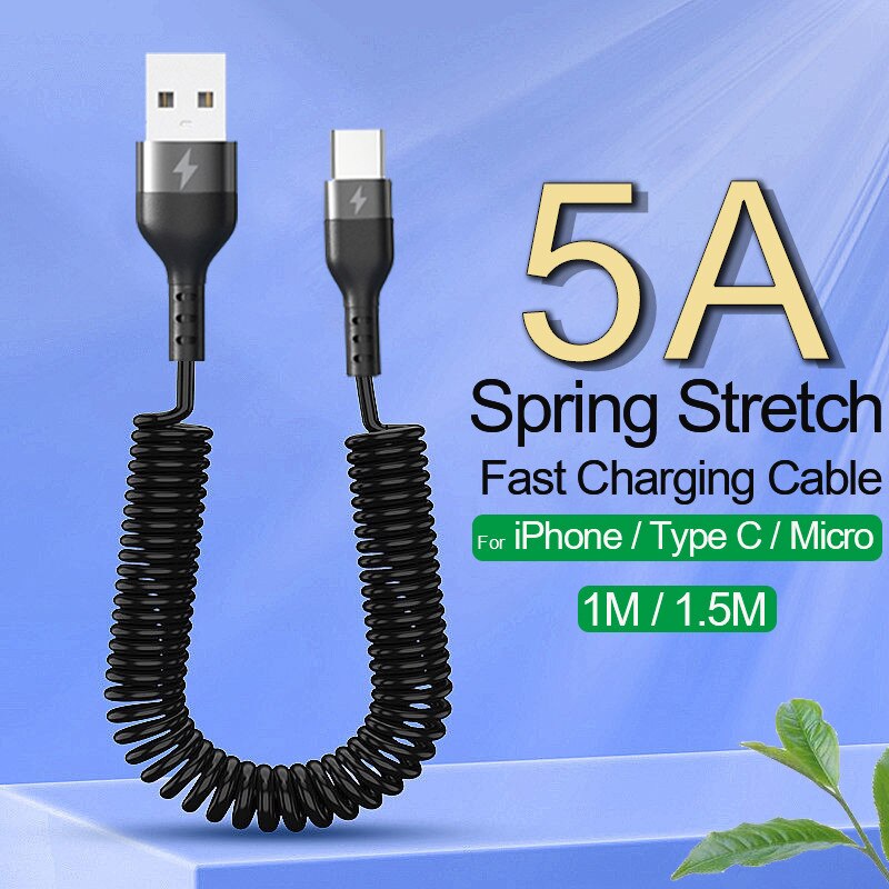 5A Spring Stretch Fast Charging Cable USB Type-C  Date Cable For Android Samsung iPhone