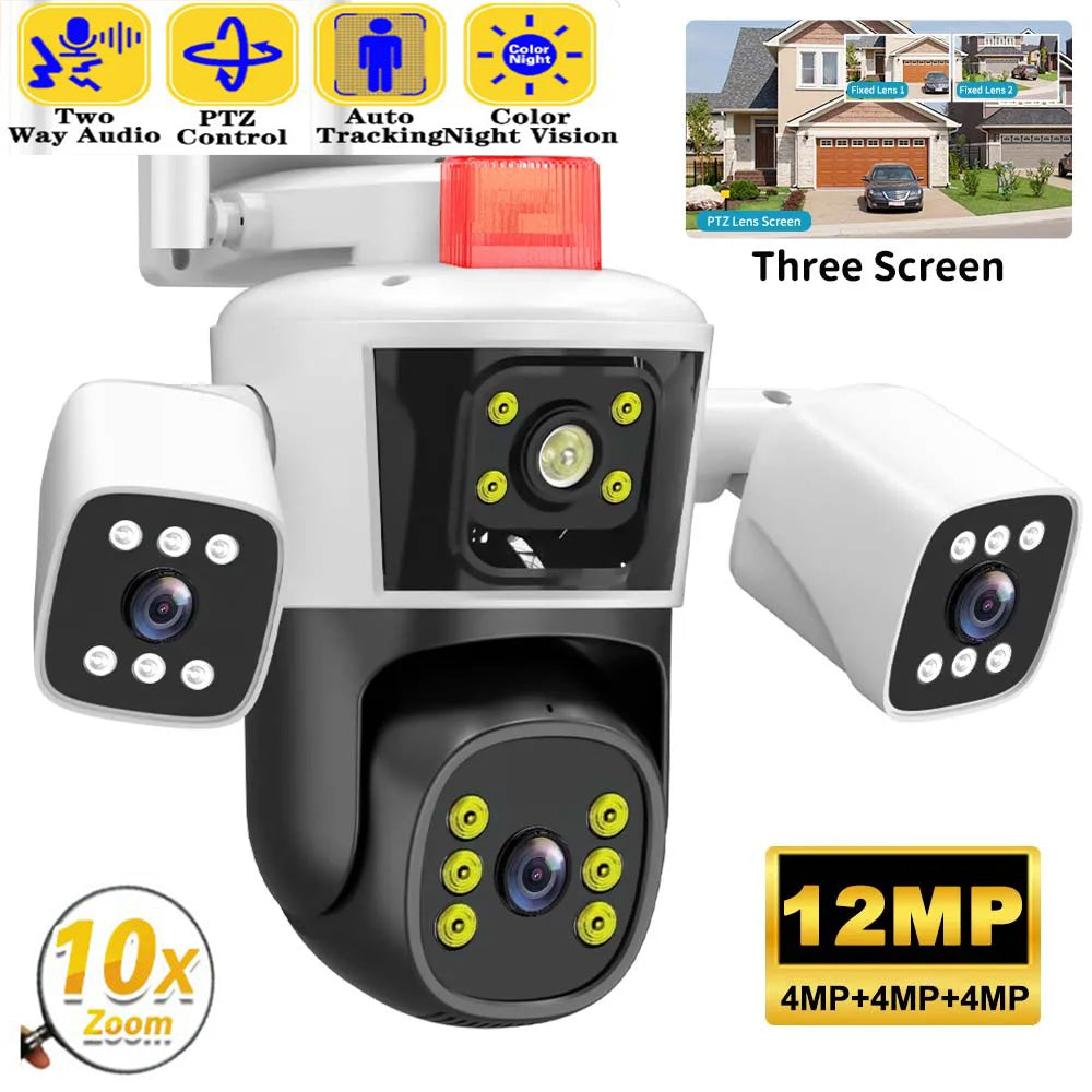 360 Degree Coverage 12MP 3 Lens 3 Screens Security Protection IP Camera WiFi Outdoor CCTV Video Surveillance PTZ Human Tracking