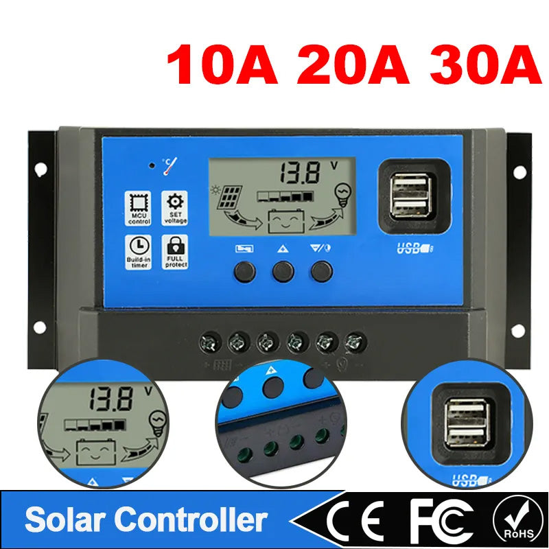 Solar Charge Controller 30A 20A 10A Solar Regulator 12V/24V PWM Battery Charger Auto LCD Solar Regulator with Dual USB 5V Output