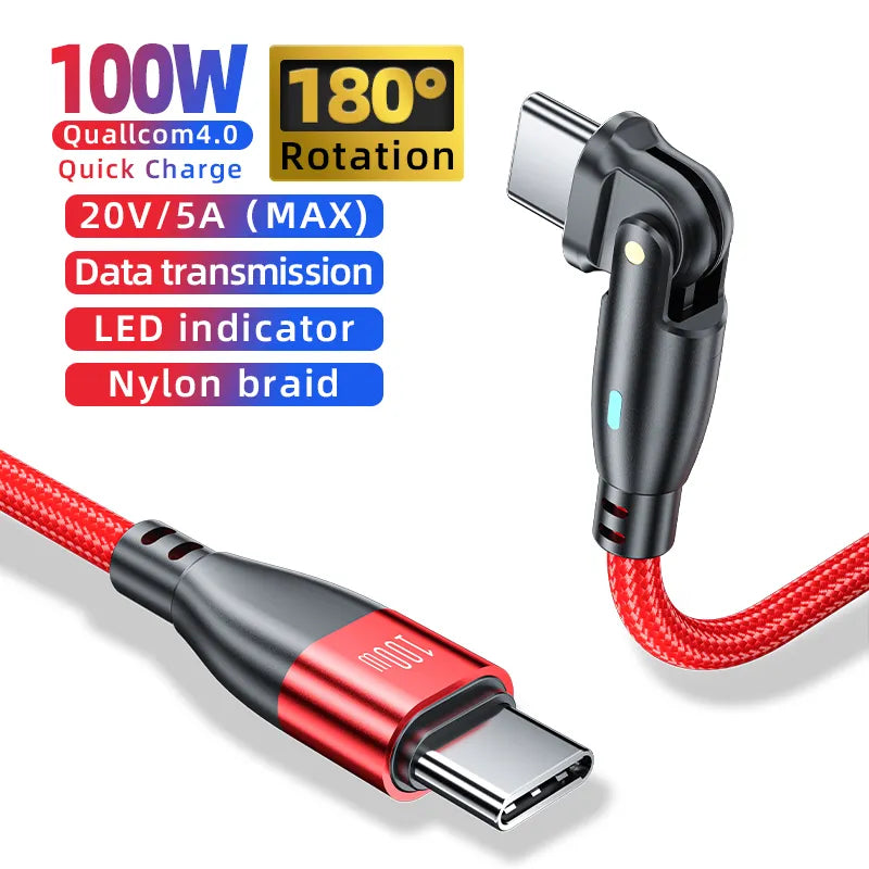 Dual Type-C PD100W Fast Charging Elbow Charging Cable Data Cable 1m/1.8m Cable Length for Android iPhone Phone