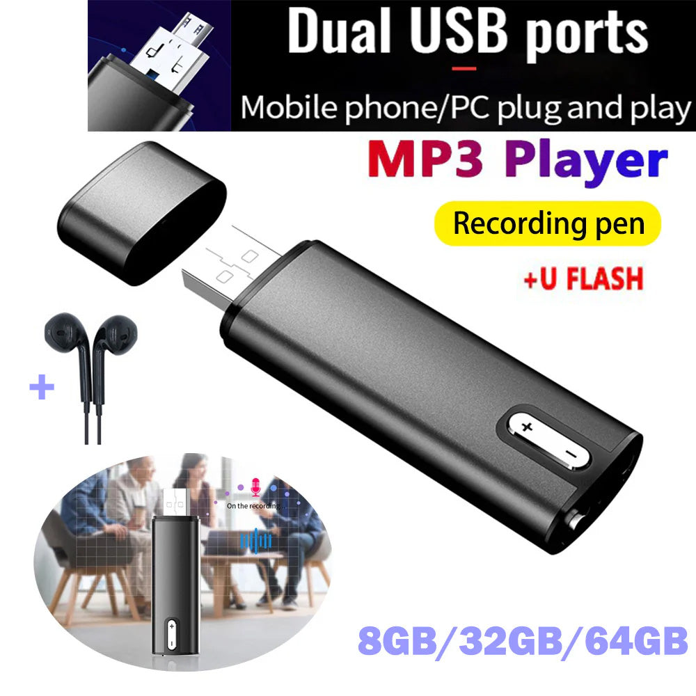 8/32/64GB Dual USB/Type-c Voice-activated Recording One-click Recording Mini Digital Recorder Mp3 Player USB Disk
