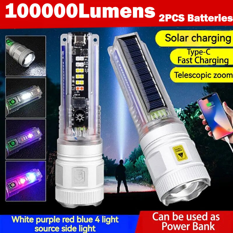 100000lm Solar White Laser/ P50 Zoom Torch With 12LED Side Light Built-in 2Pcs 18650 Batteries Super Bright Beads Lamp Power Bank Rechargeable For Phone