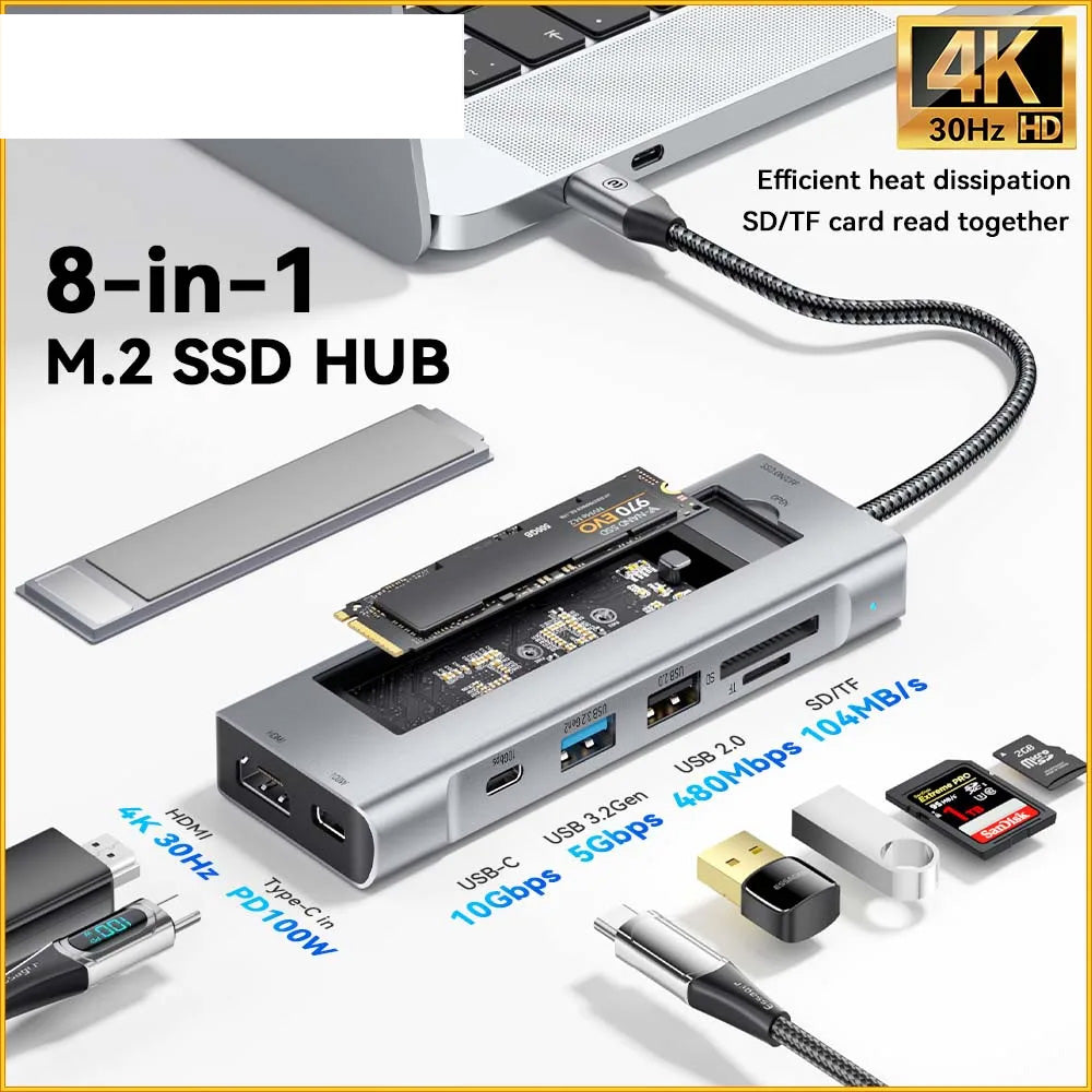 8-in-1 USB Hub With Disk Storage Function USB Type-c to HDMI-Compatible Laptop Dock Station For Macbook Pro Air M1 M2