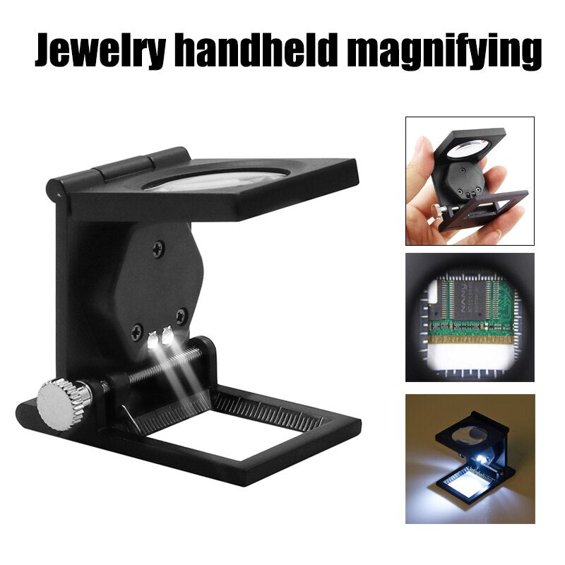 10X Mini Optical Lens Magnifier Portable Foldable Jewelry Precision Parts Repair Magnifier 2 LED Zinc Alloy Magnifier