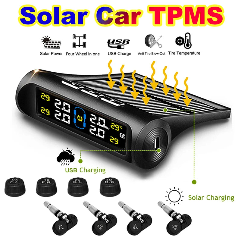 Solar Car Tire Pressure Monitor TPMS High Precision Tire Pressure Monitoring System With 4 External/Inner Sensor Security Alarm