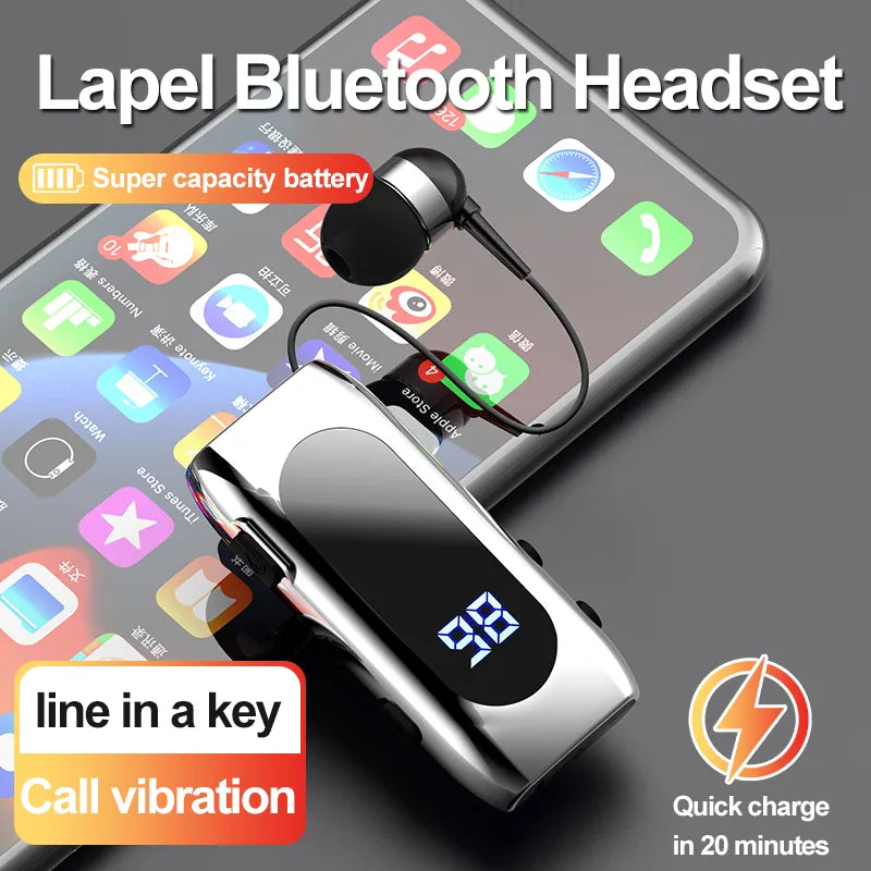 Mini Wireless Lavalier Bluetooth Headset Retractable Cable Smart In-Ear Mono Sports Headset LED Digital Display 20 Hours Music Time