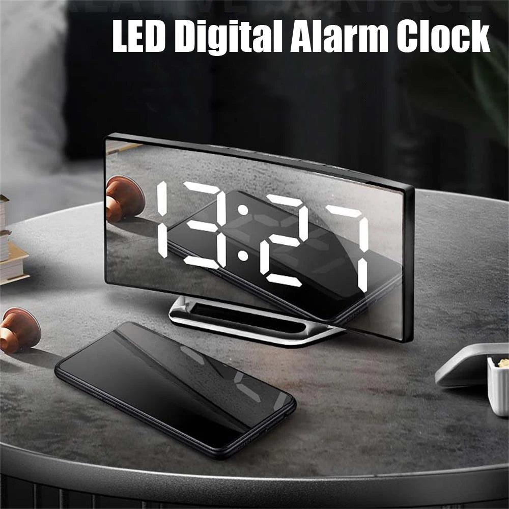 Digital Alarm Clock LED Curved Mirror Clock Multifunction Snooze Display Time Night LCD Light Table Desktop Reloj Despertador USB Cable