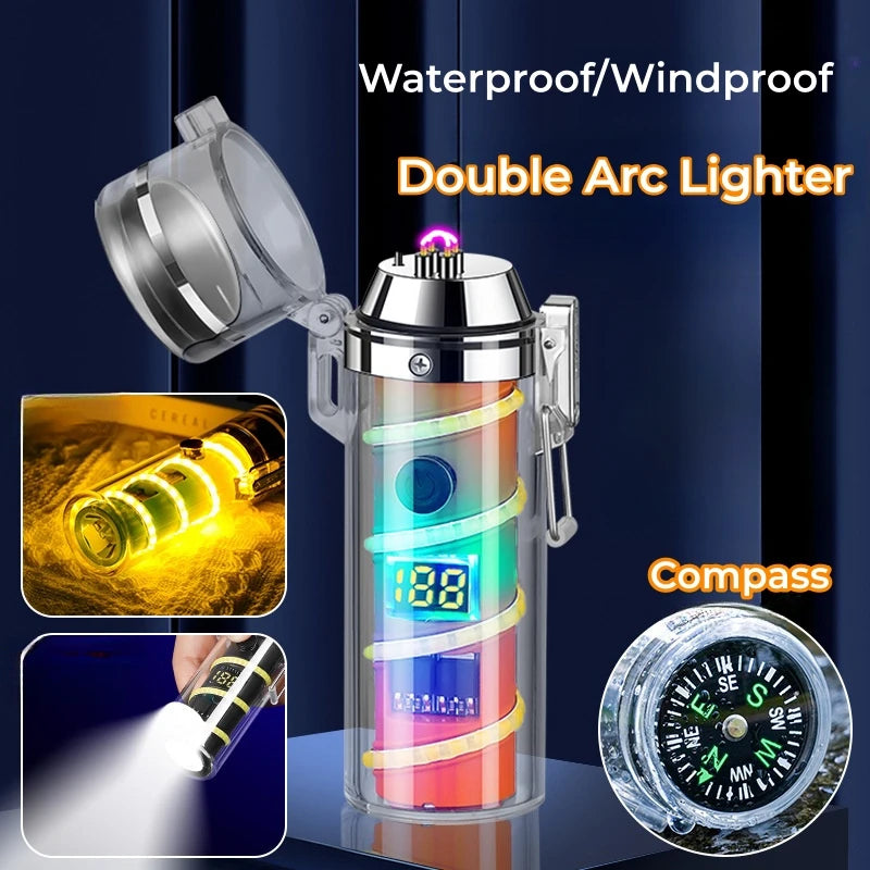 100W Multifunctional Outdoor Waterproof Flashlight Light Lighter Transparent Case with Compass Charging Lighter Fantasy Atmosphere Light