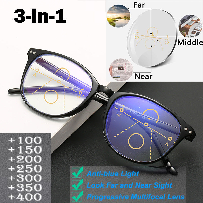 3 IN 1 Anti-Blue Ray Progressive Far And Near Reading Glasses Black-rimmed