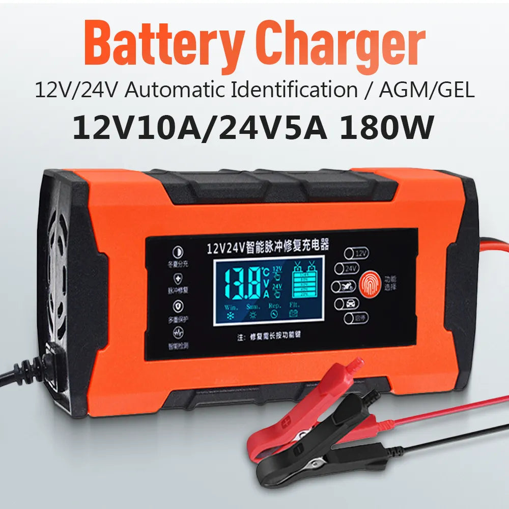 Intelligent Pulse Repair Charger Car Battery Charger 12V 10A /24V 5ASmart Fully Automatic Battery Charger LCD Screen Car Truck Motorcycle Lead