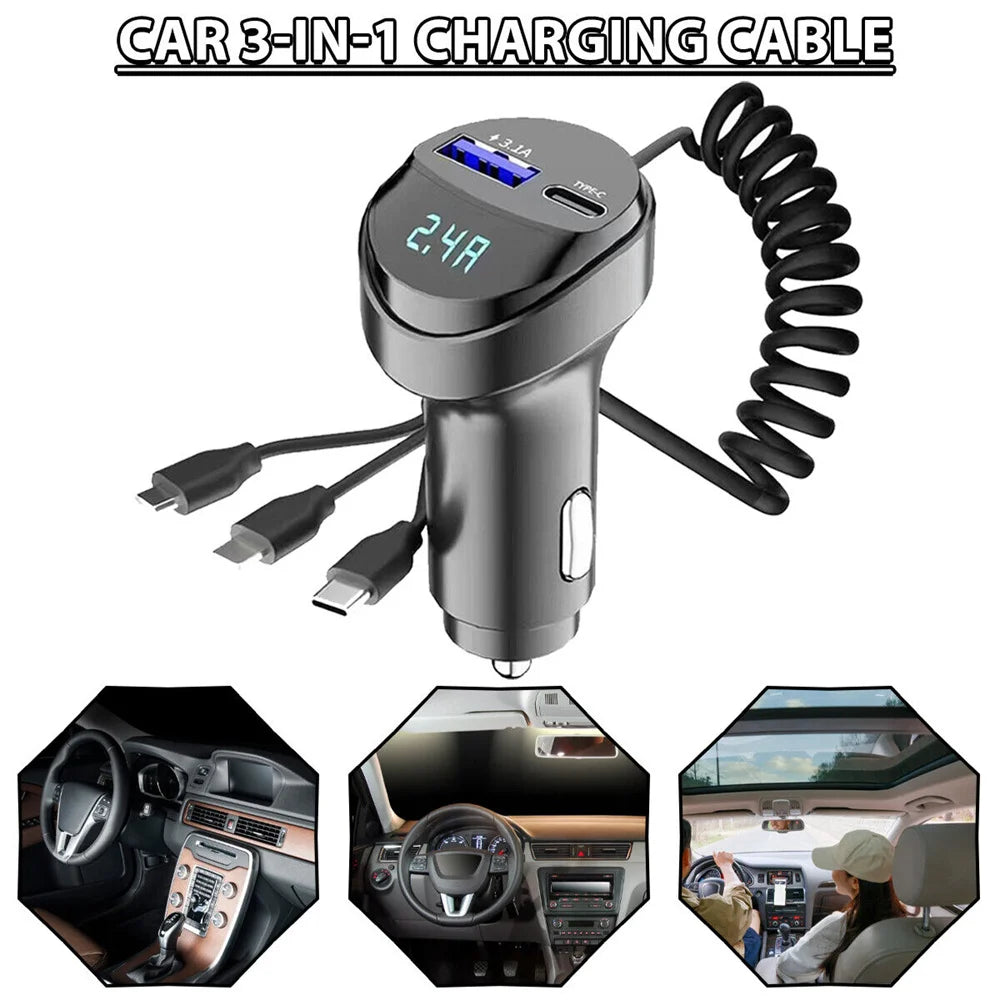 55W 2 Ports USB/Type-C Fast Car Charger with 3 IN 1 Retractable Charging Cable 3.1A with Voltage Display