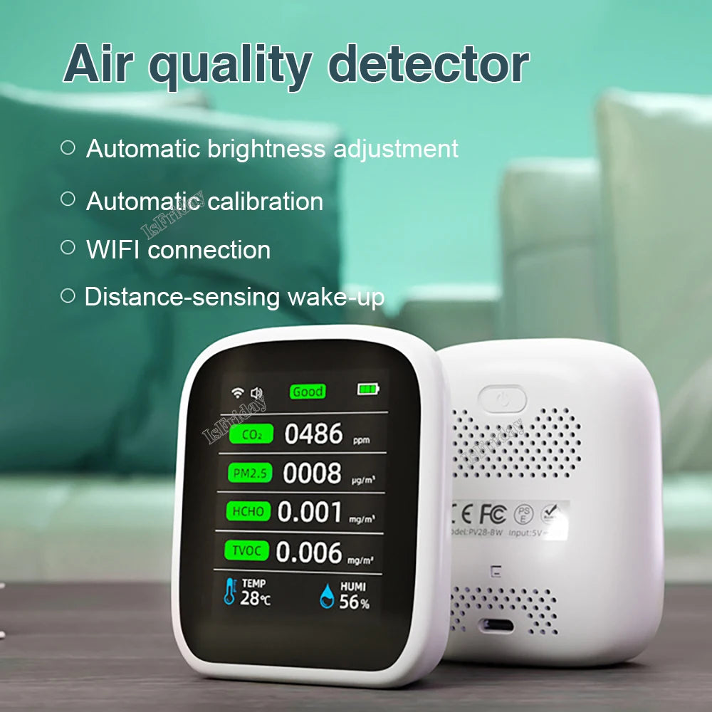 8 in 1 Air Quality Meter PM2.5 PM10 Carbonic Oxide CO2 TVOC HCHO AQI Tester TFT Color Screen Carbon Dioxide Detector NDIR Sensor