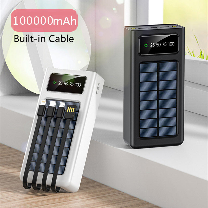 New Solar Power Bank 100000mAh Large Capacity Built in 4 Cable for iPhone Samsung Android Power Bank USB Power Bank Portable Charger with Torch Lighting