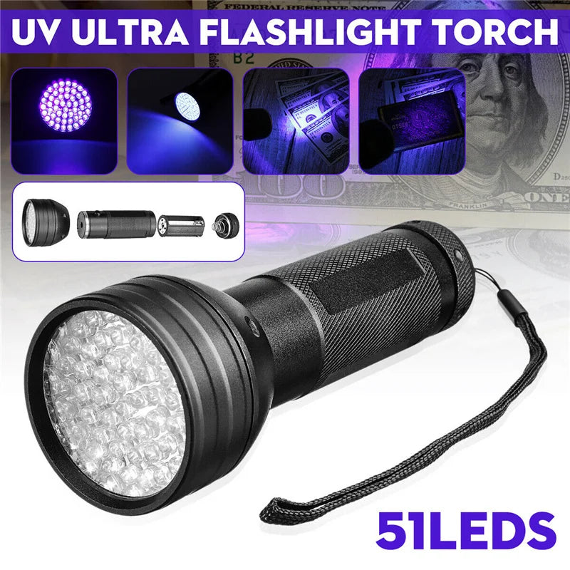 51 LED 395nm UV Flashlight Pet Urine Detection Light Waterproof UV Torches Money Inspection Lamp Black Lighting Flashlights