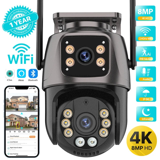 4K 8MP HD Dual Lens Dual Screen Wifi PTZ Camera Smart Night Vision Outdoor 8MP AI Auto Tracking IP Camera CCTV Audio Video Surveillance P2P iCSee