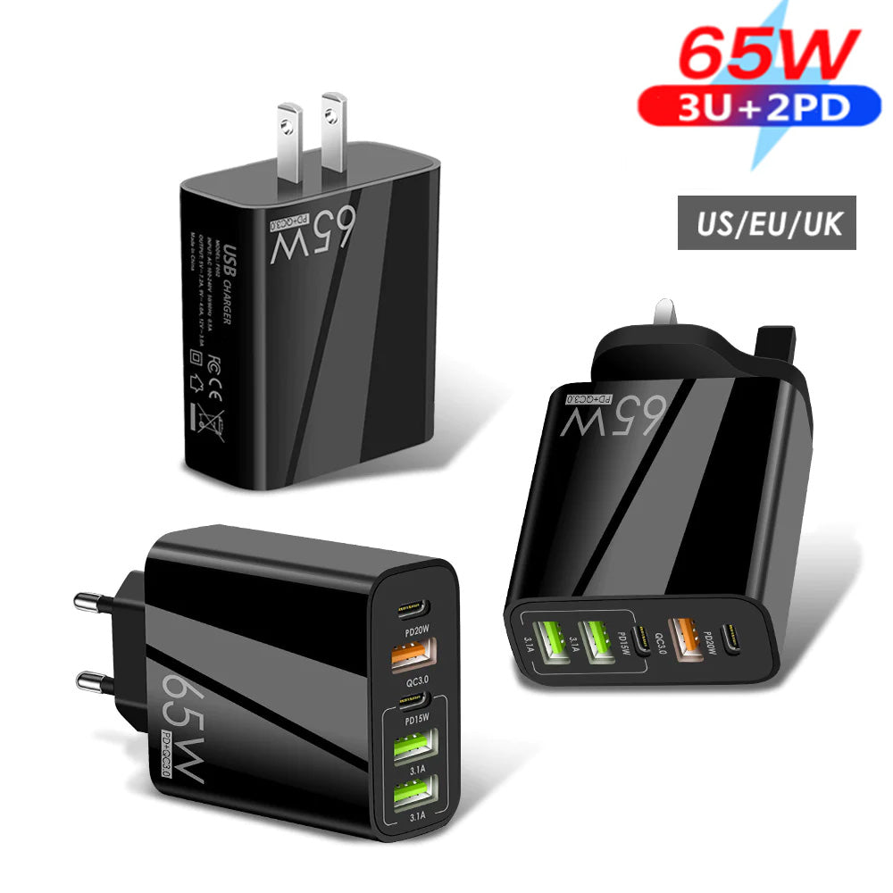 New PD65W Fast Charging Mobile Phone Charger with 3USB and 2PD Type-c 5-hole Charger US/EU/UK Plug