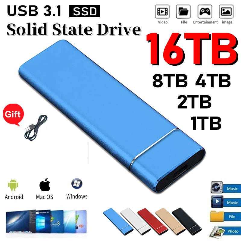 SSD Hard Drive High Speed Mobile Solid State Drive 2T 8T 16TB Large Capacity Hard Disk External USB 3.1 For Window Android Mac