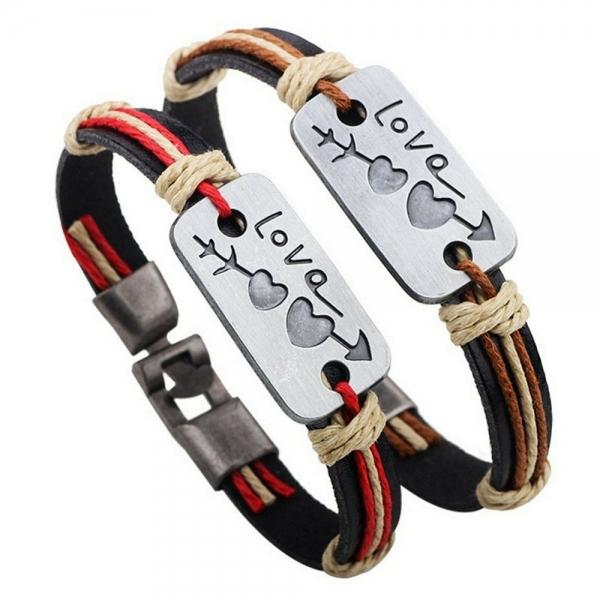 1 Pair Love Heart Arrow Bangle Leather Rope Stainless Steel Bracelet for Couple Lovers Gift