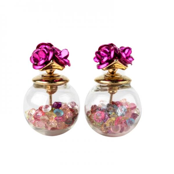 1 Pair Women Crystal Rose Flower Glass Ball Stud Earrings - Colorful