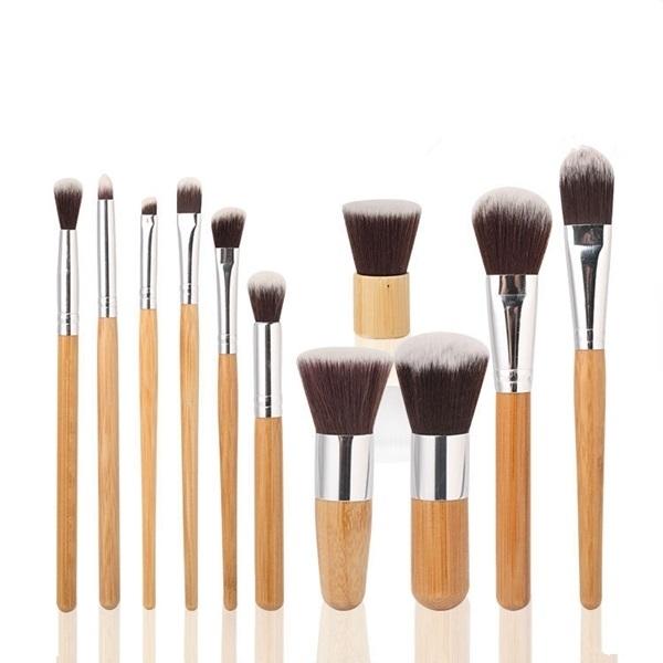 11pcs Professional Cosmetic Brush Set with Pouch Wood Color & Silver & Brown