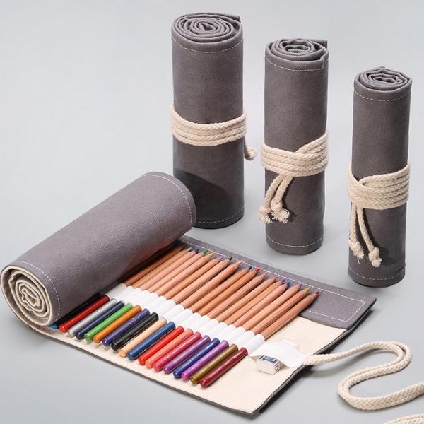 12 Holes Canvas Pencil Roll Bag Big Storage Pencil Case Art Pen Stationery Pouch - Gray