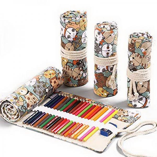 12 Holes Canvas Pencil Roll Bag Big Storage Pencil Case Art Pen Stationery Pouch - Cat Pattern