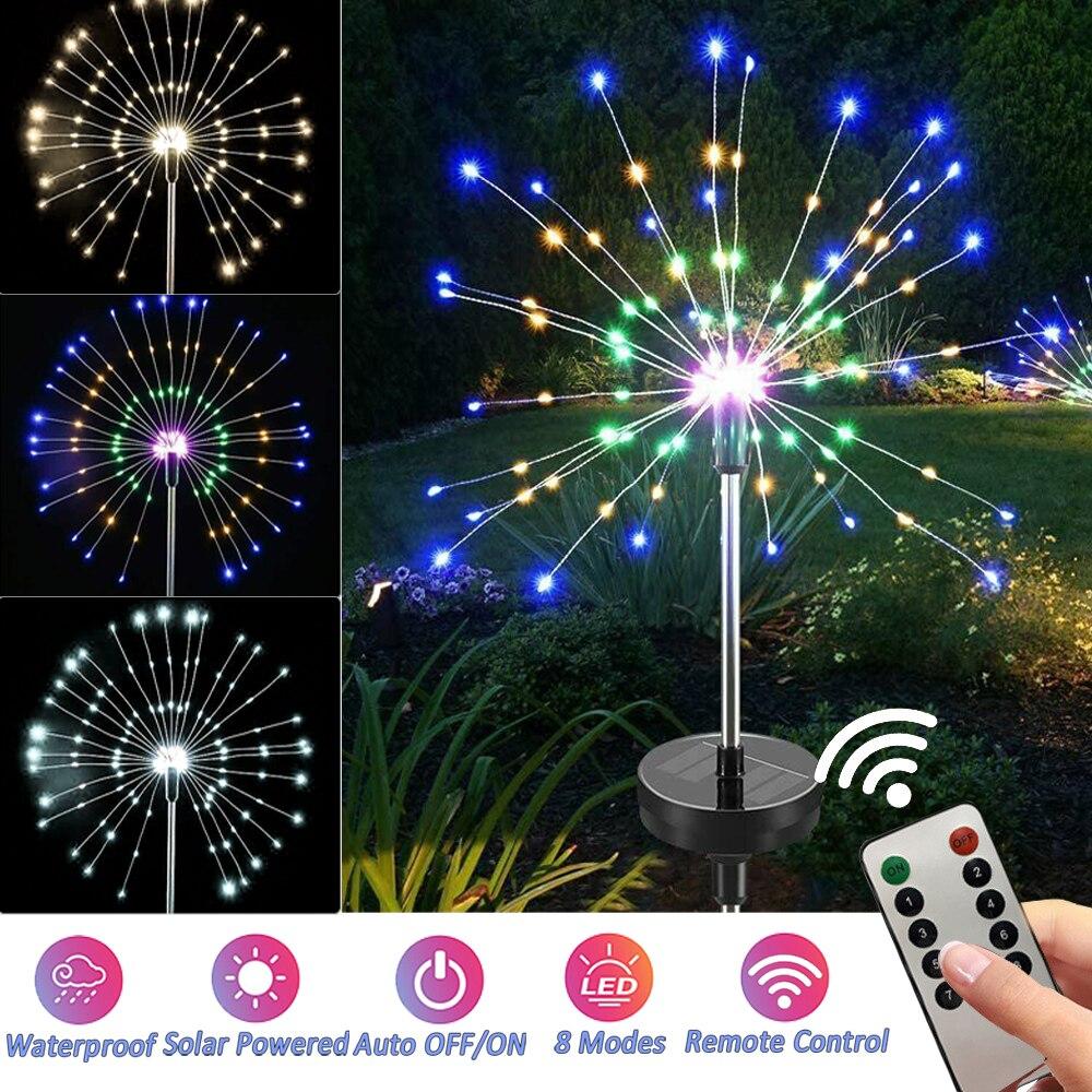2Pcs 150LED Remote Control Solar Firework Light Lamp Festival Hanging Starburst String Lights 8 Modes Waterproof Garden Decoration
