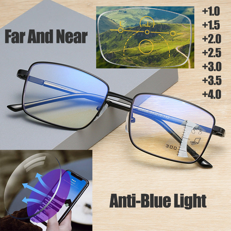 New Titanium Ultra Light Anti-Blue Ray Progressive Far And Near Dual-Use Reading Glasses Full Frame Spring Temples