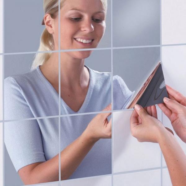 16pcs 15cm x 0.2mm Bathroom Removable Self-adhesive Mosaic Tiles Mirror Wall Stickers Silver