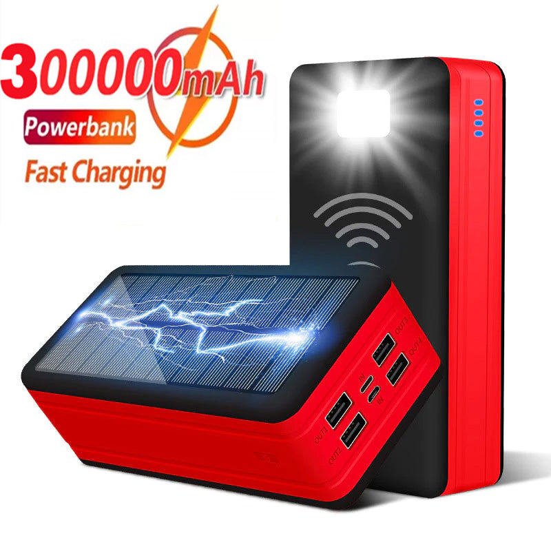300000mAh Super Large Capacity Solar Multifunction Wireless+Wired Charging Portable Charger Power Bank 4USB Outdoor Travel External Battery for Phone Tablet Notebook Flashlight