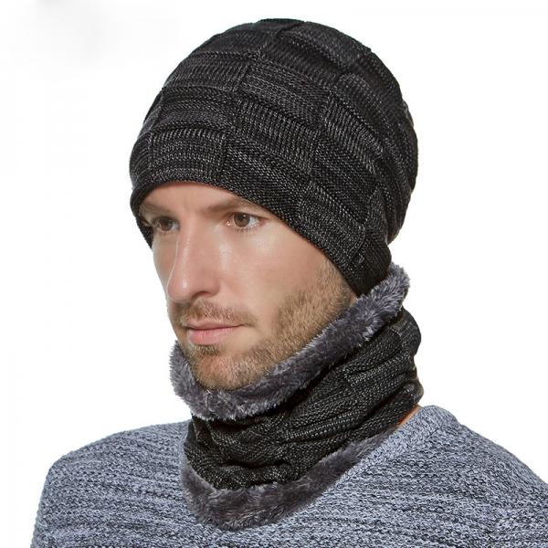 1pc Beanie Hats & 1pc Infinity Scarf Set Winter Warm Knit Hats Neck Warmer with Thick Fleece Lined for Men Women Black