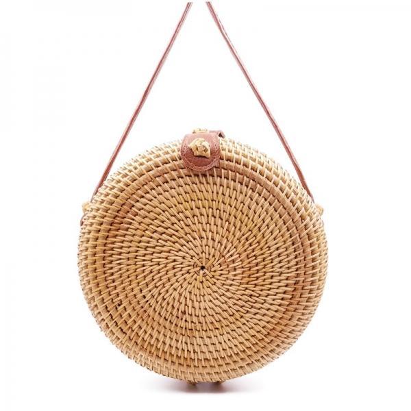 2019 Handmade Fashion Round Straw Rattan Bag with Leather Button & Strap - stringsmall