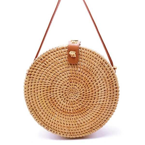2019 Handwoven Fashion Round Rattan Crossbody Bag with Leather Straps - stringsmall